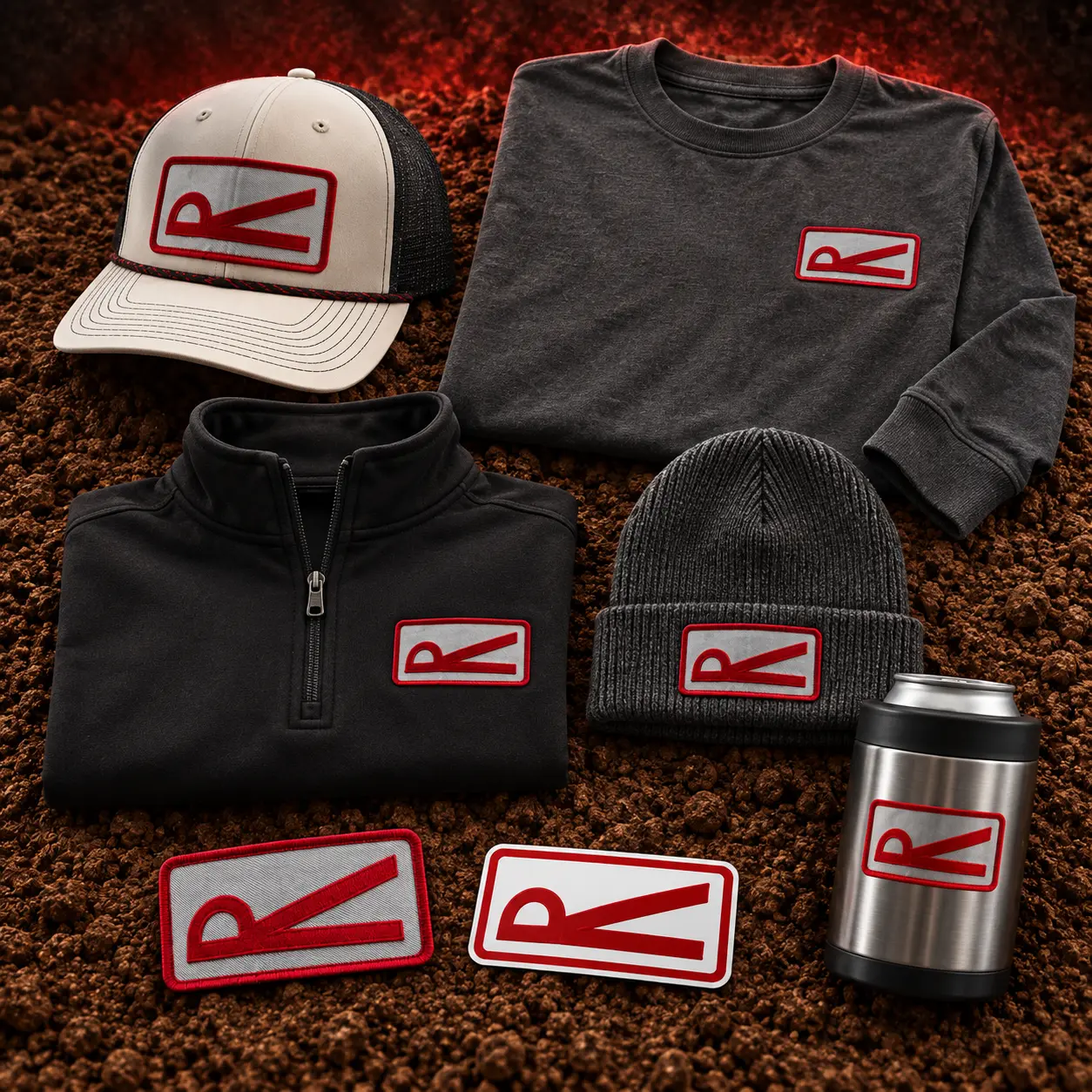 Concept collection of Rabon everyday gear including a rope cap, long-sleeve shirt, quarter-zip, beanie, patch, decal, and drinkware