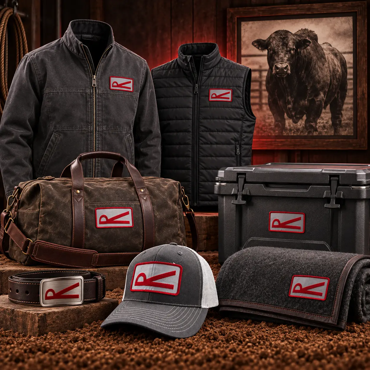 Concept collection of premium Rabon merchandise including a jacket, vest, belt, duffel bag, cooler, show blanket, and framed bull photography