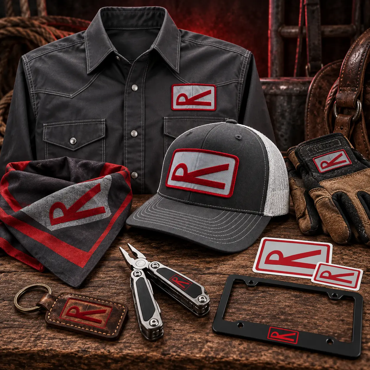 Concept collection of Rabon ranch and rodeo gear including an event shirt, bandana, gloves, keychain, multi-tool, decals, and license-plate frame